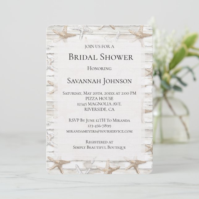 Cream White Ocean Starfish Beach Bridal Shower Invitation (Standing Front)