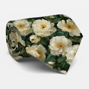 Cream White Peony Floral Pattern Tie