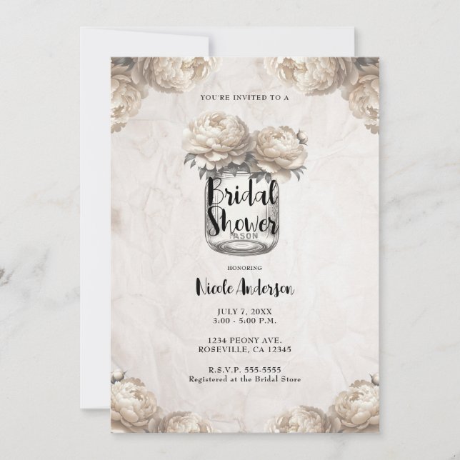 Cream White Peony Mason Jar Rustic Bridal Shower  Invitation (Front)