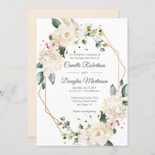 Cream White Pink Floral Geometric Wedding   Invitation