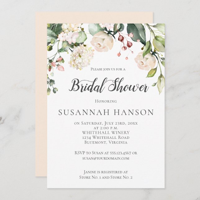 Cream White Pink Watercolor Floral Bridal Shower Invitation (Front/Back)