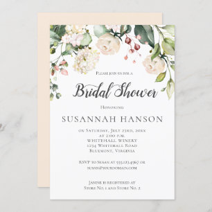 Cream White Pink Watercolor Floral Bridal Shower Invitation