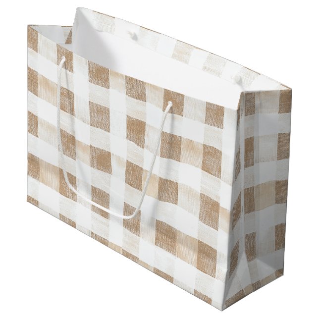 Cream White Plaid Stripes Birthday Large Gift Bag (Front Angled)