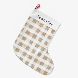 Cream White Plaid Stripes Christmas Large Christmas Stocking