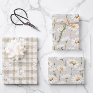 Cream White Plaid Stripes Daisy Floral Birthday Wrapping Paper Sheet