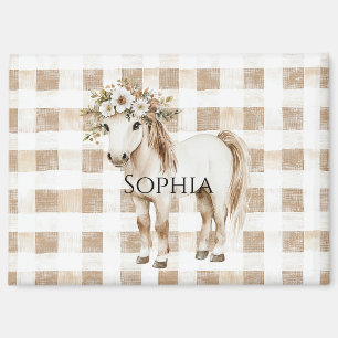 Cream White Plaid Stripes Horse Birthday Magnet