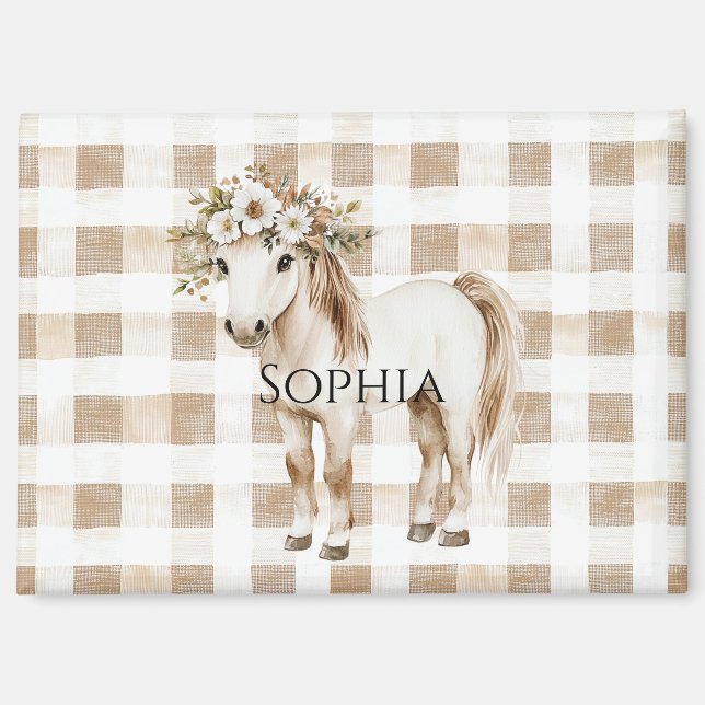 Cream White Plaid Stripes Horse Birthday Magnet (Front)