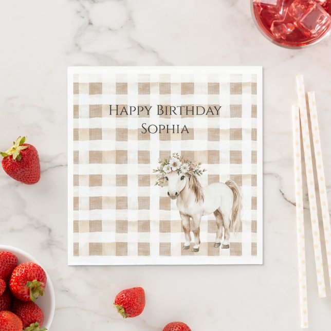 Cream White Plaid Stripes Horse Birthday Napkin (Insitu)