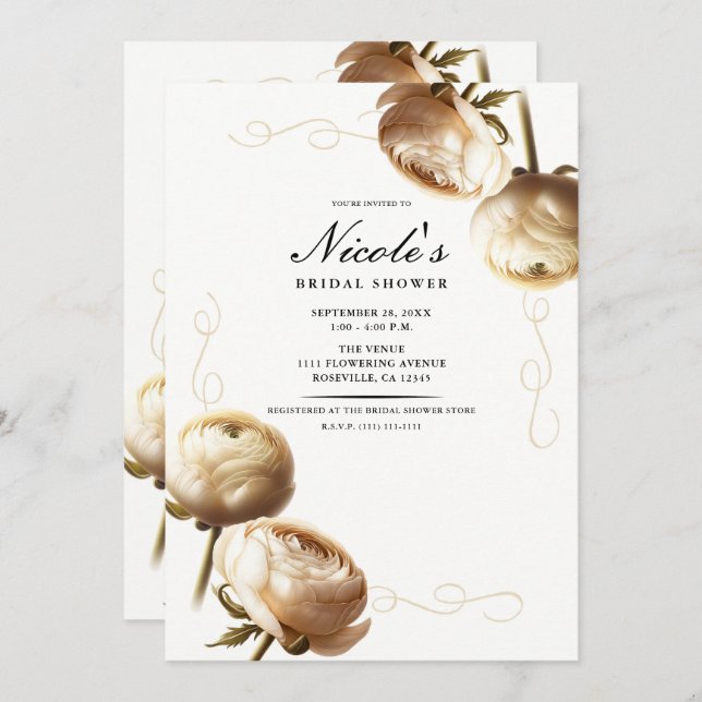 Cream & White Ranunculus Floral Bridal Shower Invitation (Front/Back)