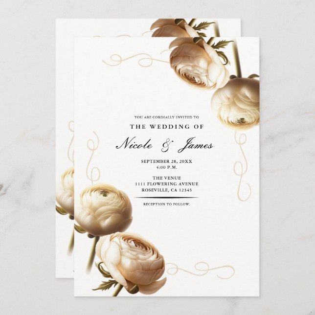 Cream & White Ranunculus Floral Wedding Invitation (Front/Back)