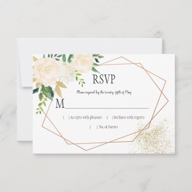 Cream White Roses Glitter Greenery Geometric RSVP Card (Front)