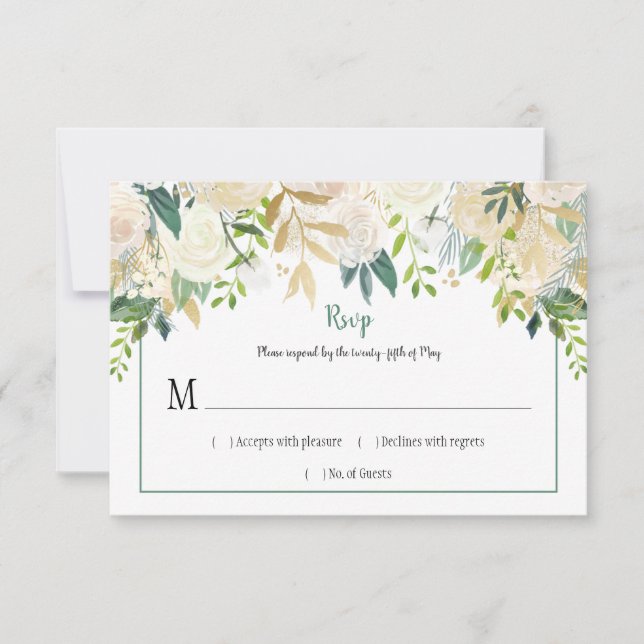 Cream White Roses Glitter Greenery RSVP | Card (Front)