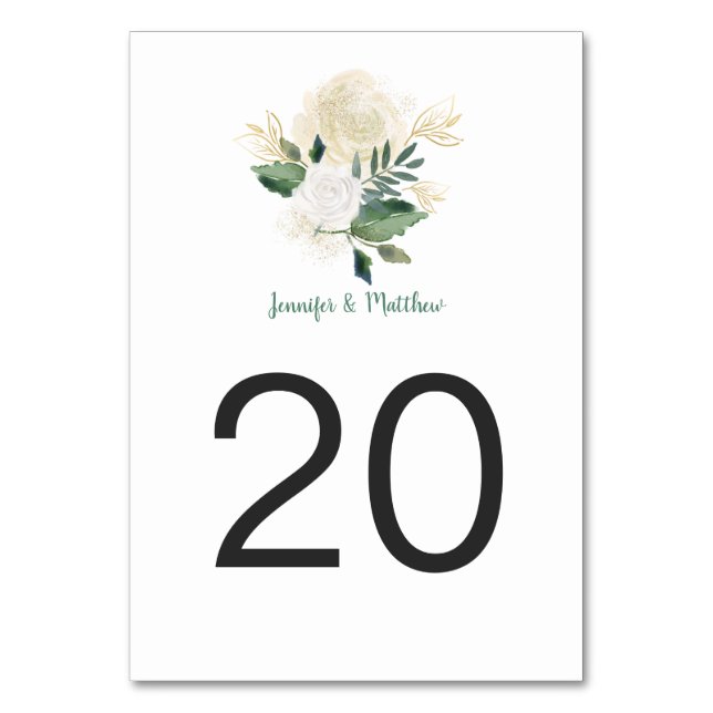 Cream White Roses Glitter Greenery Table Cards (Front)