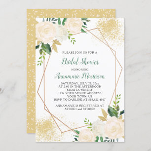 Cream White Roses Greenery Geometric Bridal Shower Invitation
