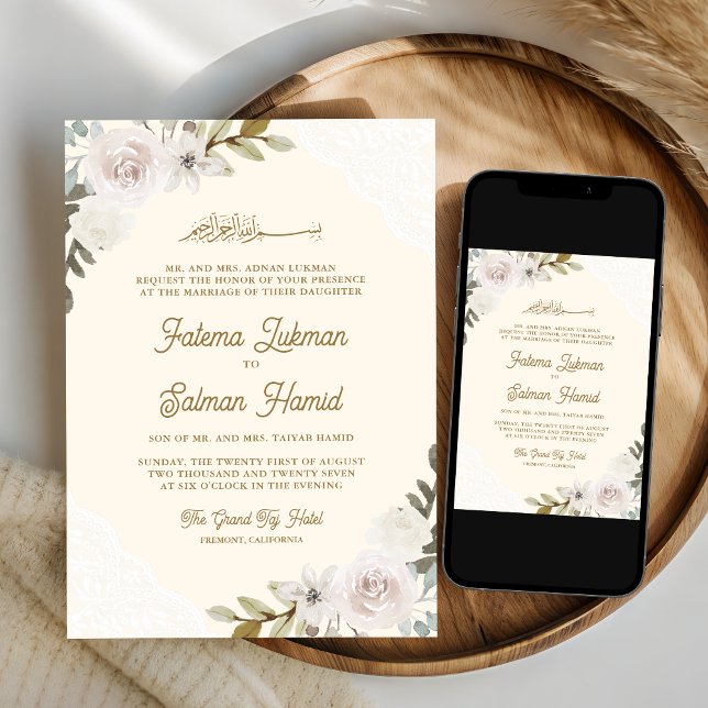 Cream White Roses Lace Islamic Muslim Wedding Invitation (Creator Uploaded)