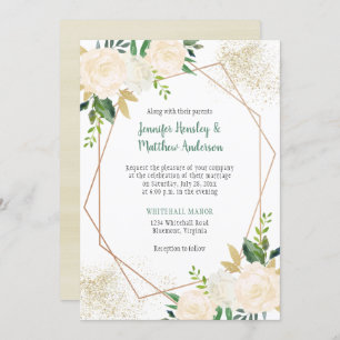 Cream White Roses Modern Geometric Gold Glitter Invitation