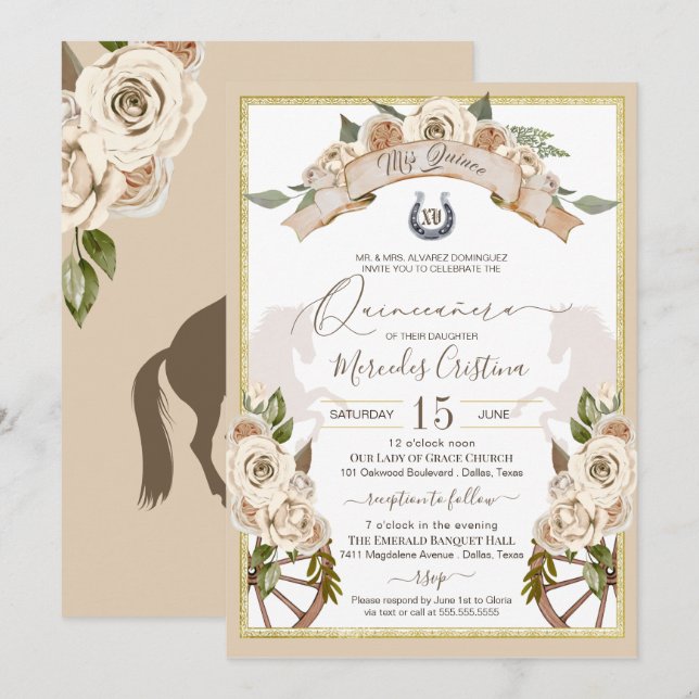 Cream White Roses Western Charro Quinceanera Invitation (Front/Back)