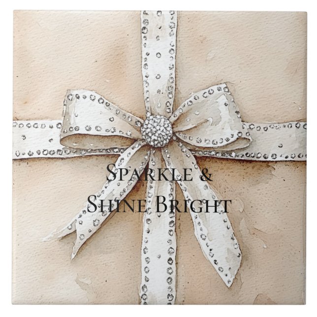 Cream White Silver Glitzy Glam Bow Birthday Ceramic Tile (Front)