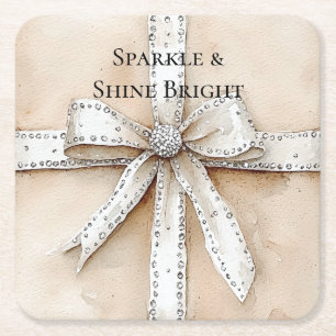Cream White Silver Glitzy Glam Bow Birthday Square Paper Coaster