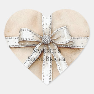 Cream White Silver Glitzy Glam Bow Heart Sticker