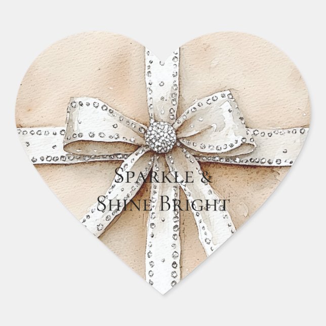 Cream White Silver Glitzy Glam Bow Heart Sticker (Front)