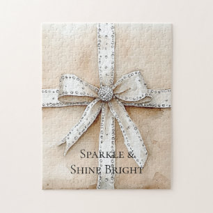 Cream White Silver Glitzy Glam Bow Jigsaw Puzzle