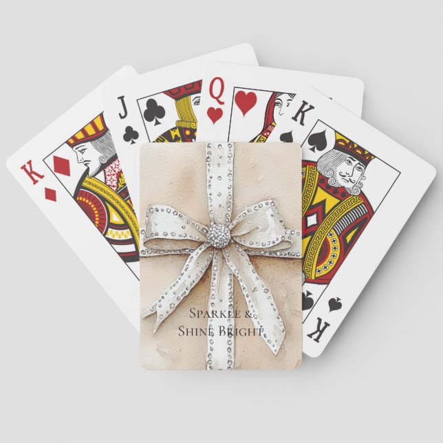 Cream White Silver Glitzy Glam Bow Playing Cards (Back)