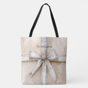 Cream White Silver Glitzy Glam Bow Tote Bag