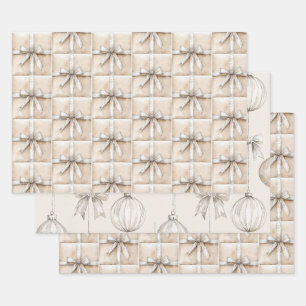 Cream White Silver Glitzy Glam Bow Wrapping Paper Sheet
