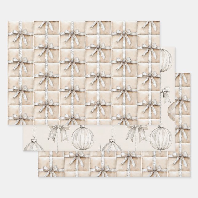 Cream White Silver Glitzy Glam Bow Wrapping Paper Sheet (Set)