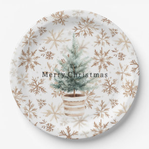 Cream White Snowflakes Christmas Tree Paper Plate