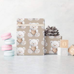 Cream White Teddy Bears Hearts Baby Shower Wrapping Paper