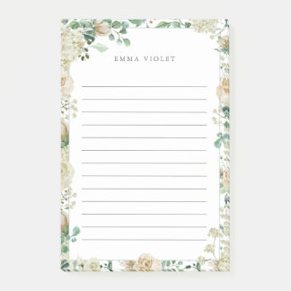 Cream White Vintage Watercolor Floral Name Post-it Notes