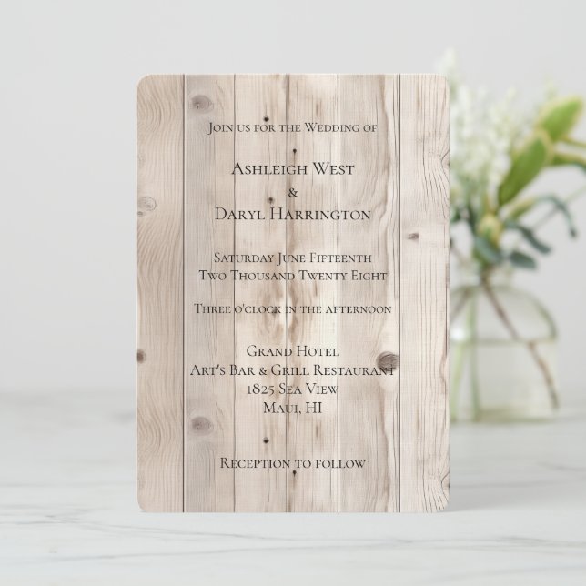 Cream White Wood Wedding Invitation (Standing Front)