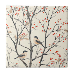 Cream Winter Songbird Red Berry Pattern Ceramic Tile
