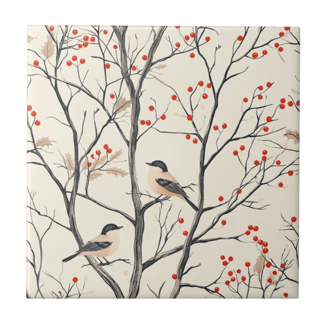 Cream Winter Songbird Red Berry Pattern Ceramic Tile (Front)
