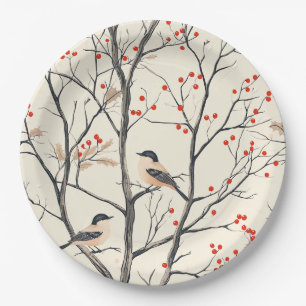 Cream Winter Songbird Red Berry Pattern Paper Plate