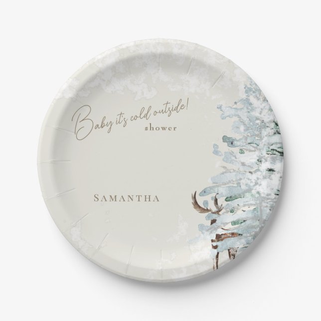 Cream Woodland Baby it's Cold Outside Paper Plate (Front)