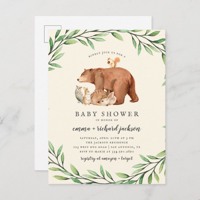 Cream Woodland Greenery Forest Animals Baby Shower Invitation Postcard (Front/Back)