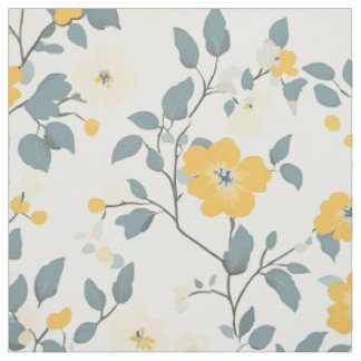 Cream Yellow Blue Botanical Branch Pattern Fabric