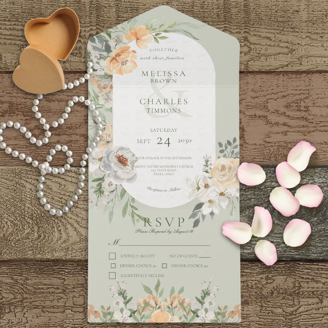 Cream & Yellow Boho Floral Sage Green Dinner All In One Invitation (Creator Uploaded)