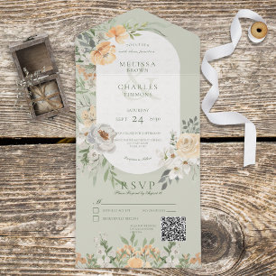 Cream & Yellow Boho Floral Sage Green QR Code All In One Invitation