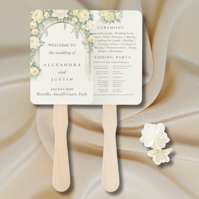 Cream Yellow Floral Italian Arch Wedding Program Hand Fan (Creator Uploaded)