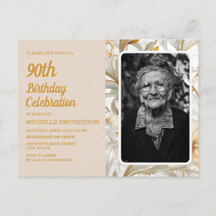 Cream Yellow Floral Women's 90th Birthday Phot Invitation Postcard