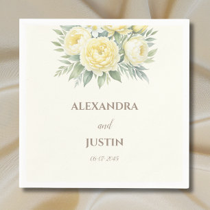 Cream Yellow Flowers Peony Floral Wedding Napkin
