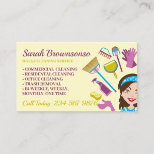 Cream Yellow Janitorial Lady House Cleaning Business Card