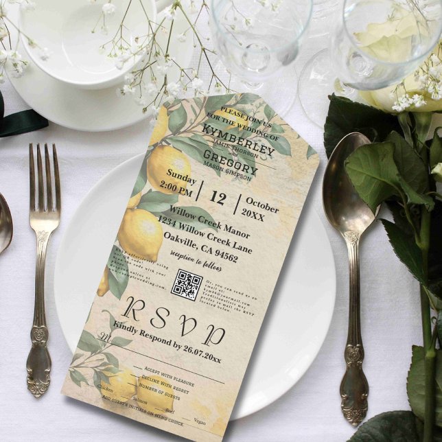 Cream Yellow Lemon Green Botanical QR Code All In One Invitation (Creator Uploaded)