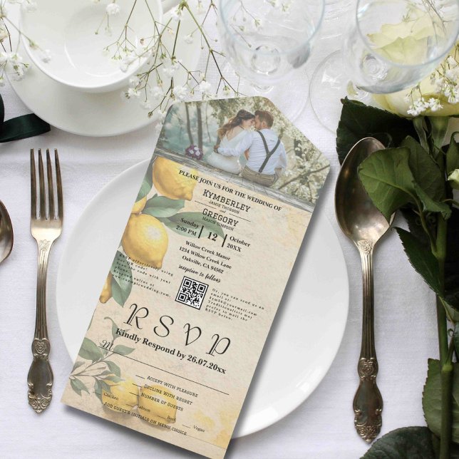 Cream Yellow Lemon Green Botanical QR Code All In One Invitation (Creator Uploaded)