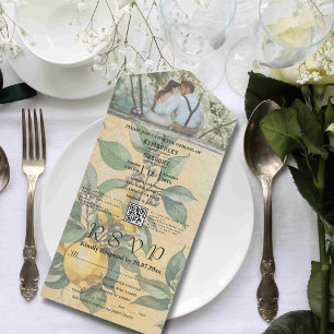 Cream Yellow Lemon Orchard Botanical QR Code All In One Invitation