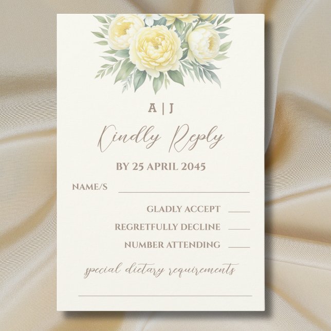 Cream Yellow Peony Roses Floral Wedding RSVP Card (Creator Uploaded)